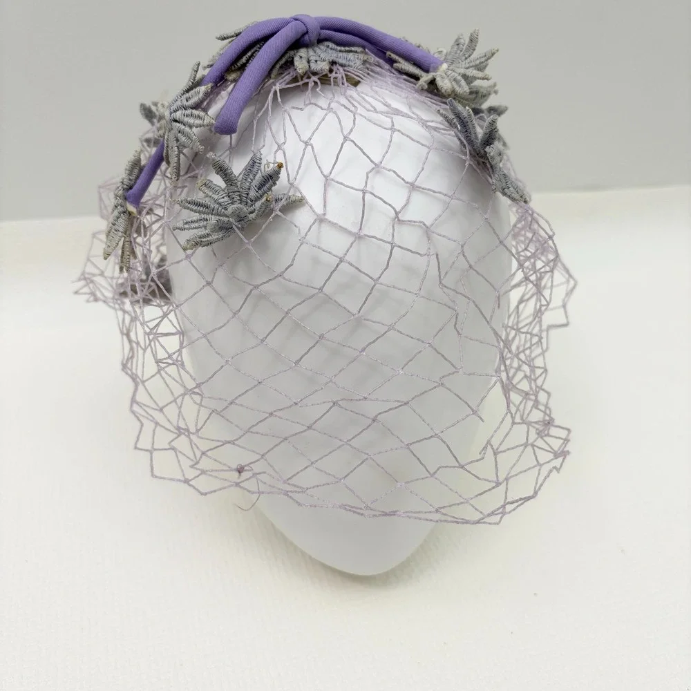 Vintage Birdcage Veil Floral Embroidered Fascinator One Size Purple